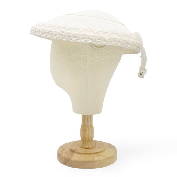 Vintage 1950s Ivory Mushroom Hat Daisy Lace Trim & Net Veil Bridal Cocktail - Picture 4 of 14